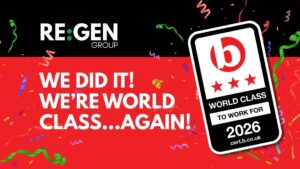 Graphic using the Best Companies badge celebrating REGEN Group scoring 3 star again