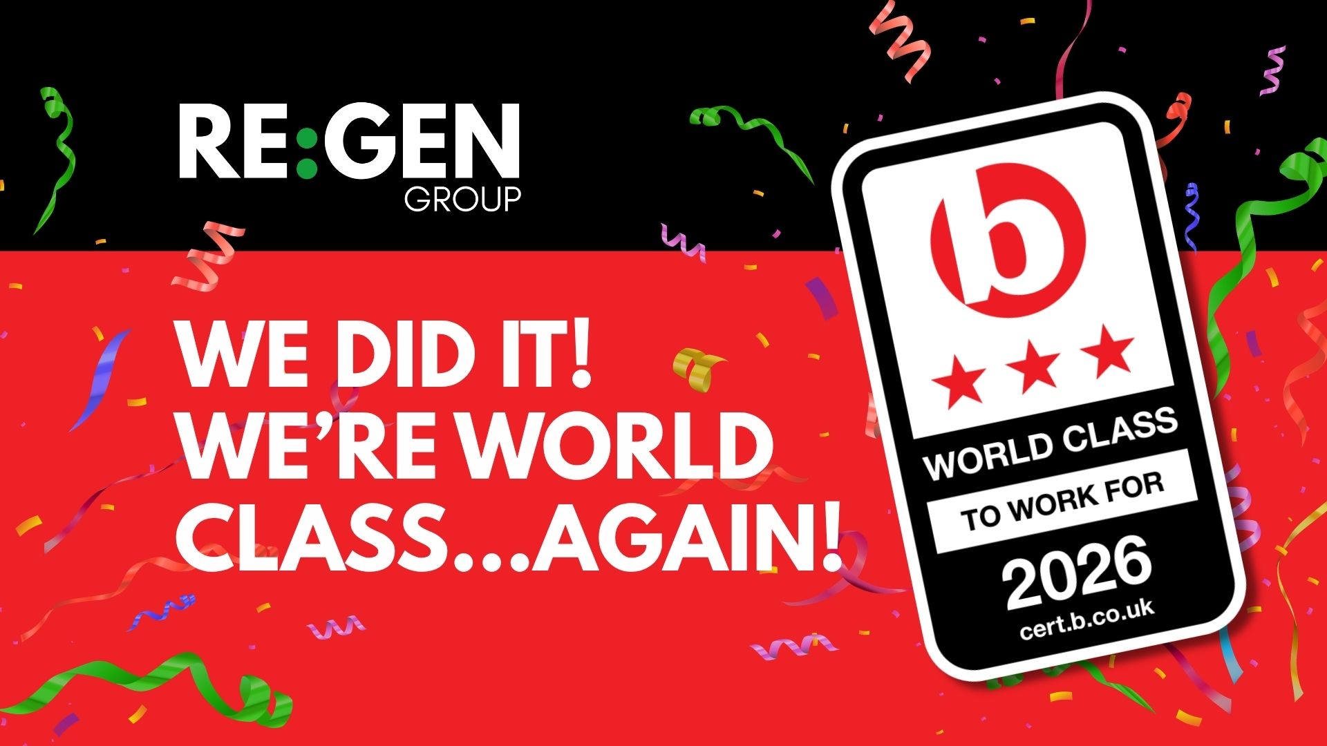Graphic using the Best Companies badge celebrating REGEN Group scoring 3 star again